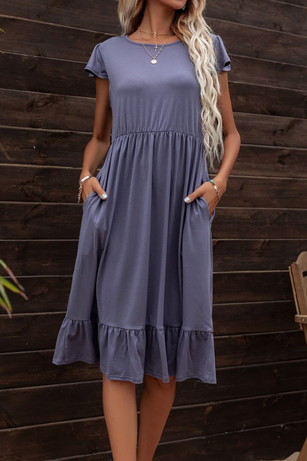 Round Neck Ruffle Hem Pocket Dress - Dress - Dusty Blue - Bella Bourget