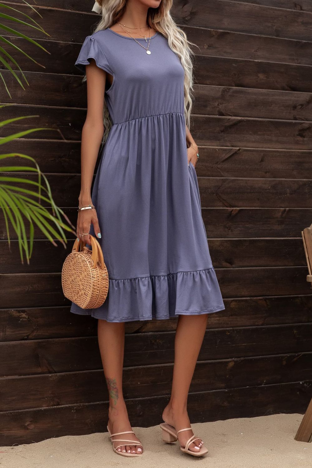 Round Neck Ruffle Hem Pocket Dress - Dress - Dusty Blue - Bella Bourget