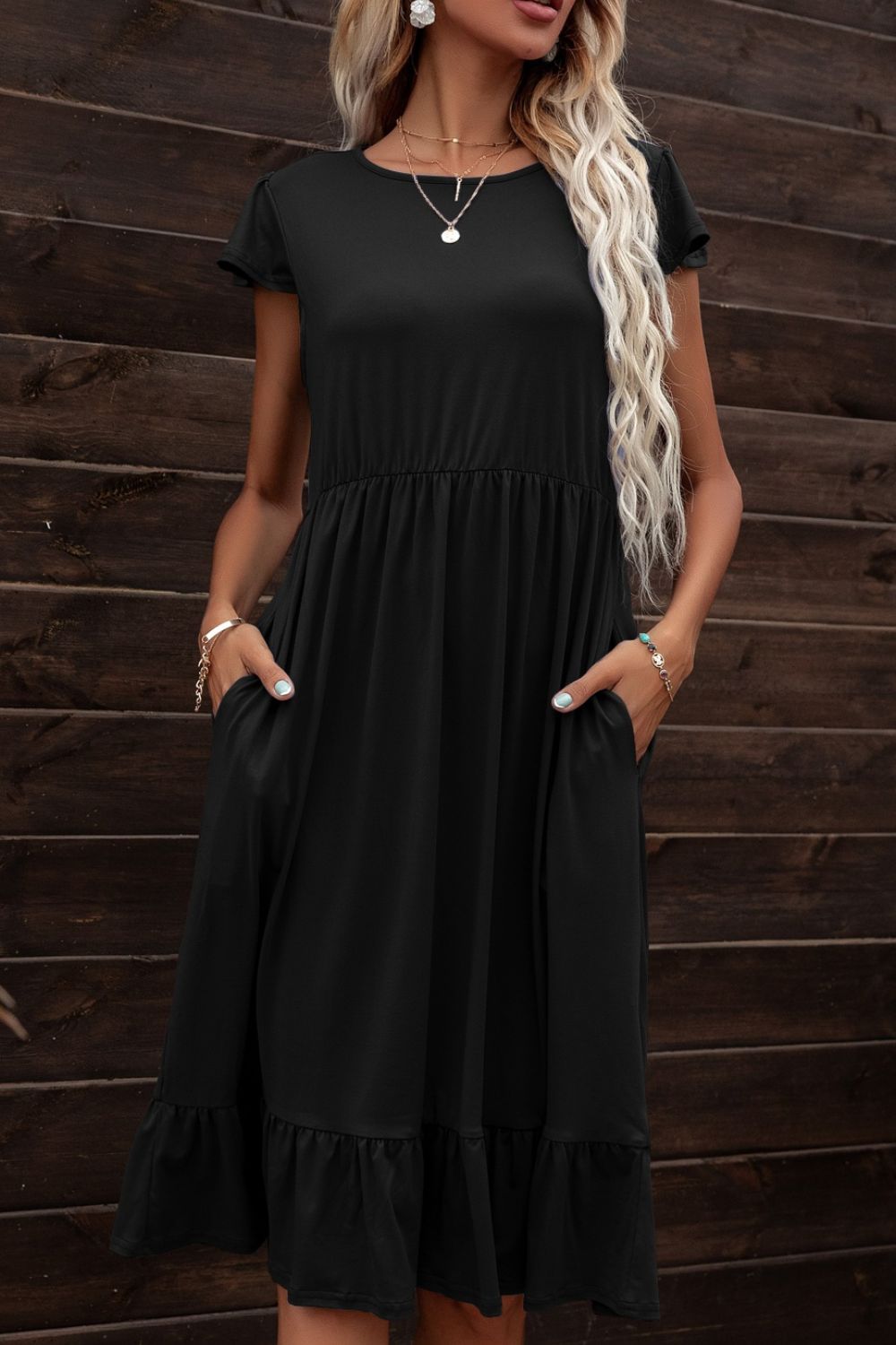 Round Neck Ruffle Hem Pocket Dress - Dress - Black - Bella Bourget