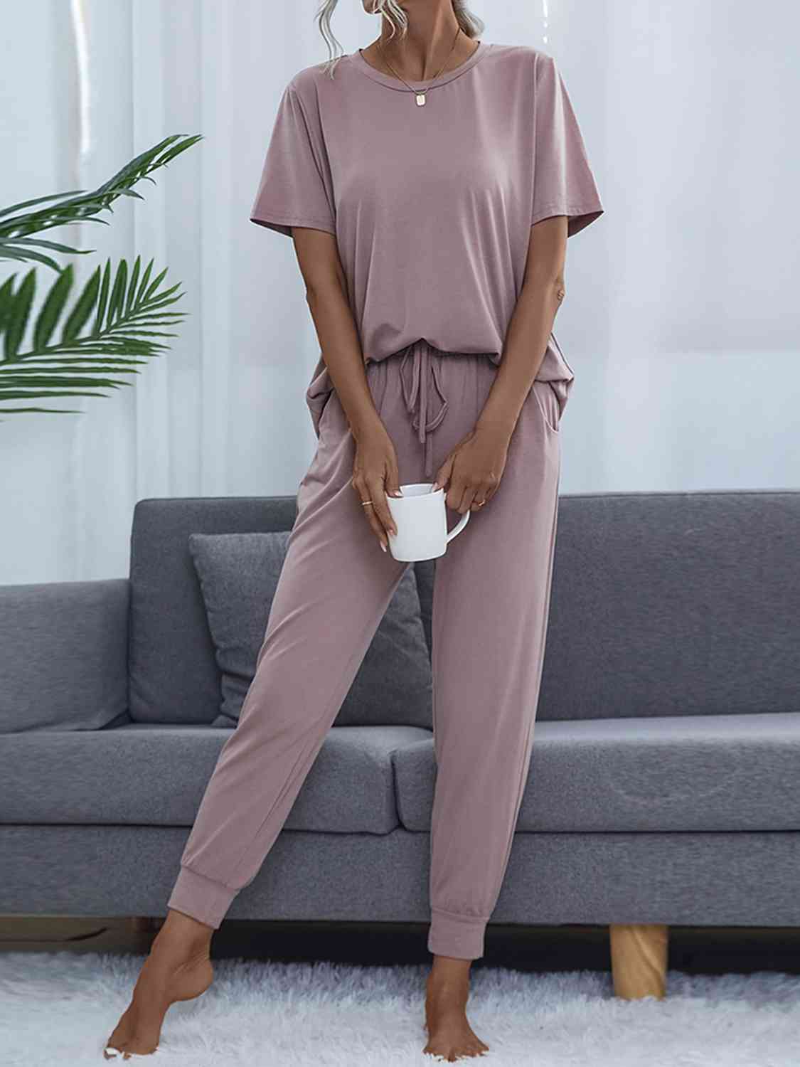 Round Neck Short Sleeve Top and Pants Set - Loungewear Set - Blush Pink - Bella Bourget