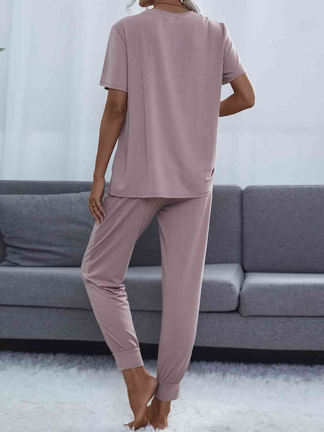 Round Neck Short Sleeve Top and Pants Set - Loungewear Set - Blush Pink - Bella Bourget