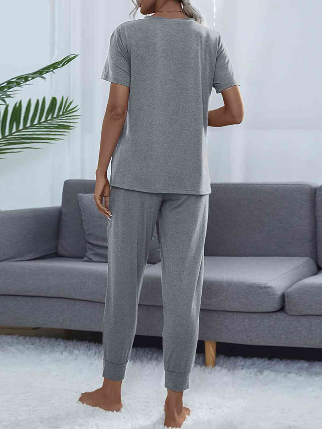 Round Neck Short Sleeve Top and Pants Set - Loungewear Set - Cloudy Blue - Bella Bourget