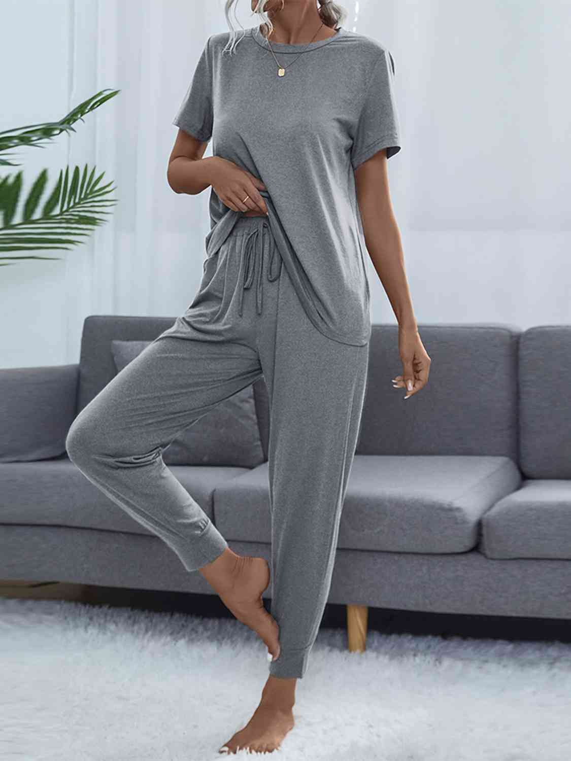 Round Neck Short Sleeve Top and Pants Set - Loungewear Set - Cloudy Blue - Bella Bourget