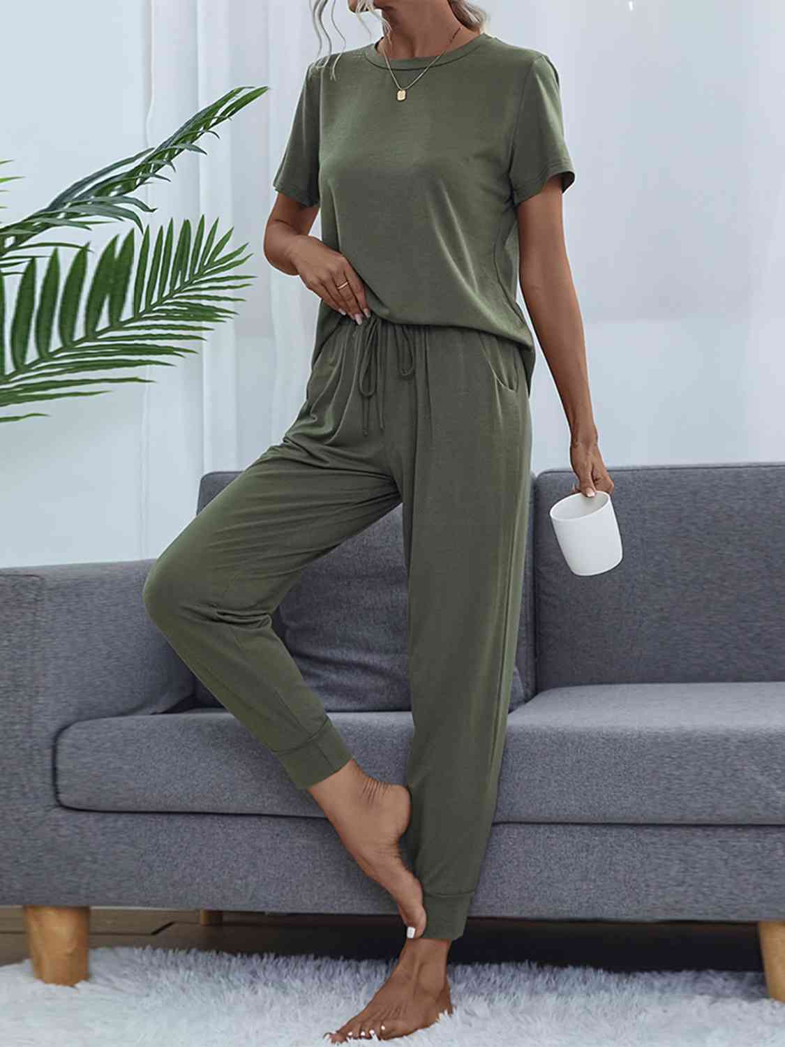 Round Neck Short Sleeve Top and Pants Set - Loungewear Set - Moss - Bella Bourget