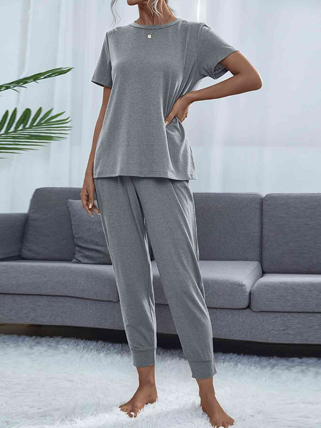 Round Neck Short Sleeve Top and Pants Set - Loungewear Set - Cloudy Blue - Bella Bourget