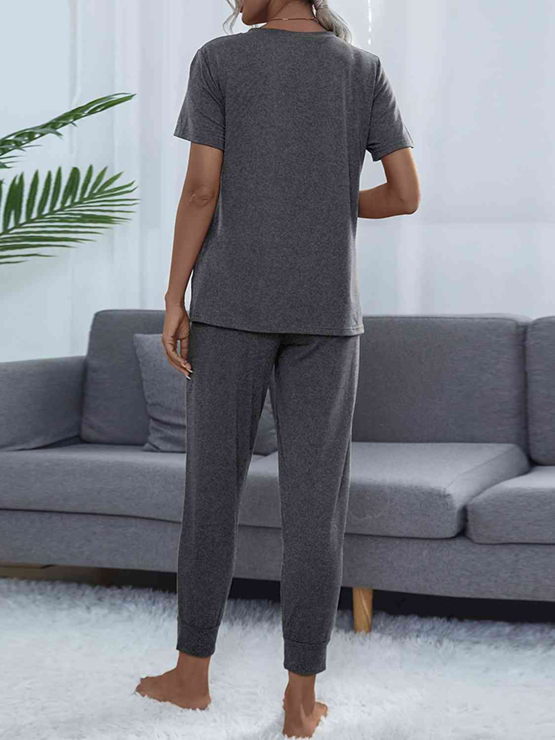 Round Neck Short Sleeve Top and Pants Set - Loungewear Set - Charcoal - Bella Bourget