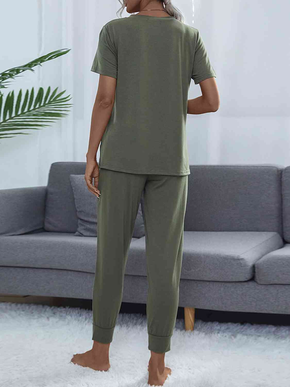 Round Neck Short Sleeve Top and Pants Set - Loungewear Set - Moss - Bella Bourget