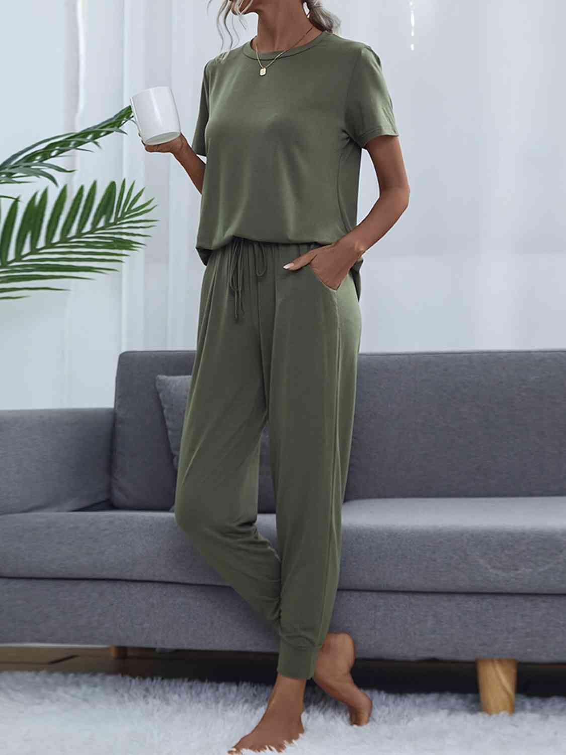 Round Neck Short Sleeve Top and Pants Set - Loungewear Set - Moss - Bella Bourget