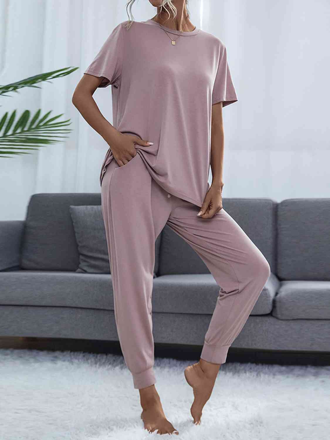 Round Neck Short Sleeve Top and Pants Set - Loungewear Set - Blush Pink - Bella Bourget