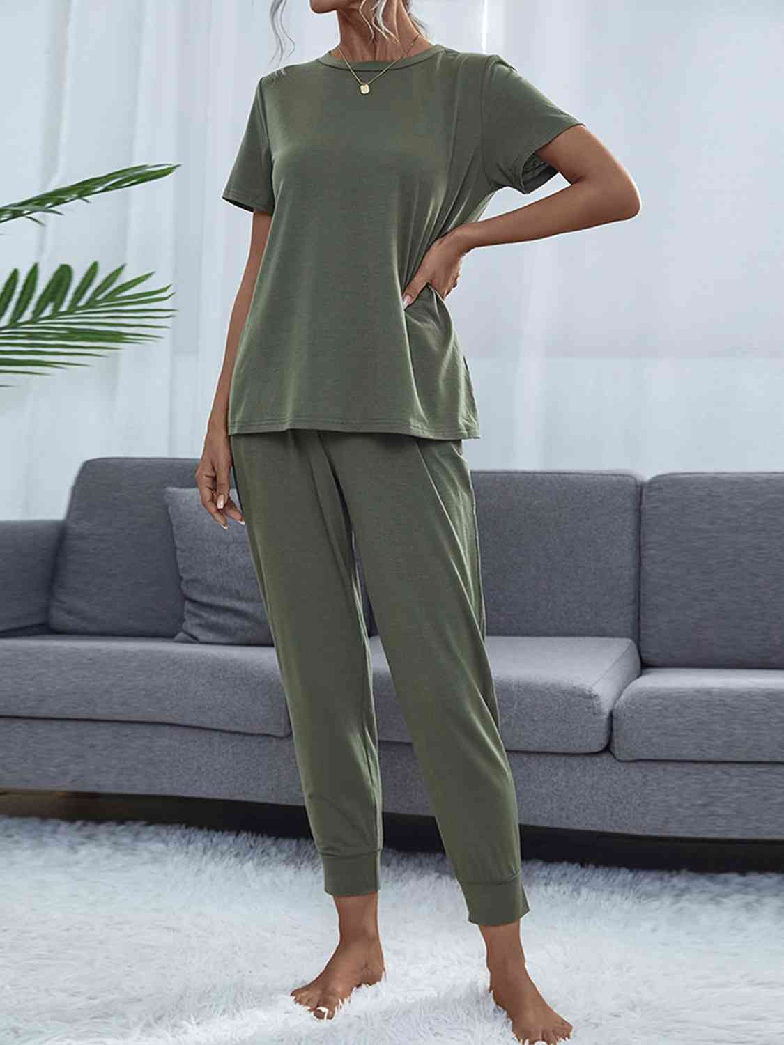 Round Neck Short Sleeve Top and Pants Set - Loungewear Set - Moss - Bella Bourget