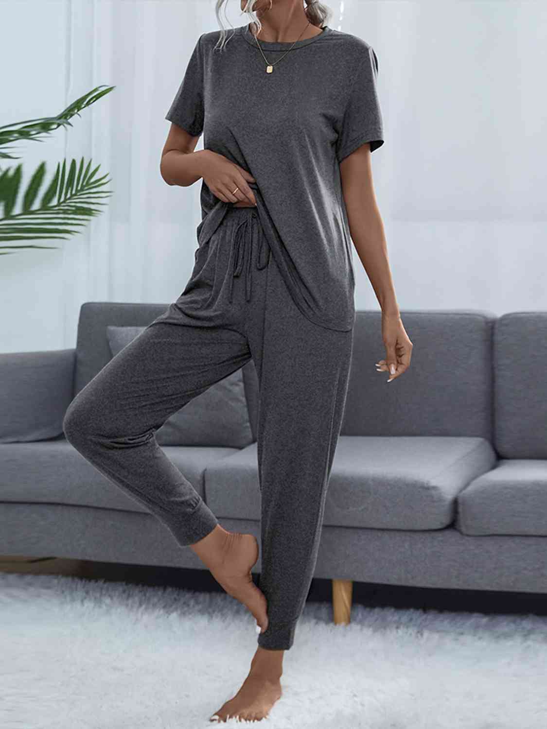 Round Neck Short Sleeve Top and Pants Set - Loungewear Set - Charcoal - Bella Bourget