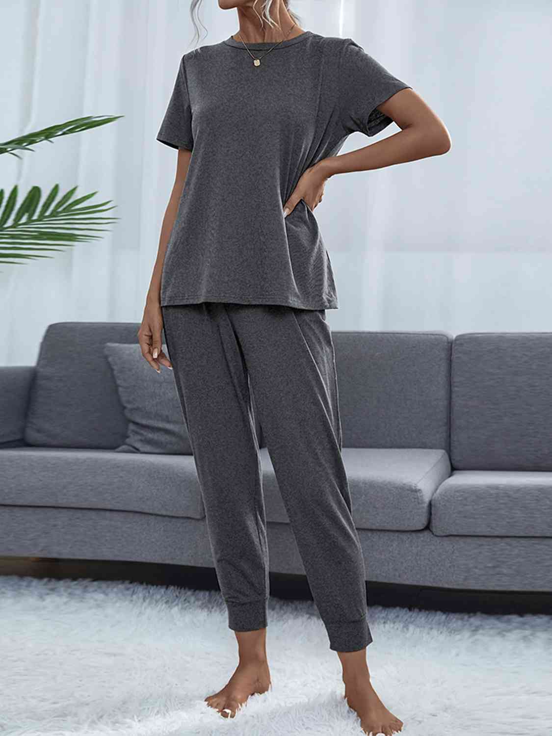 Round Neck Short Sleeve Top and Pants Set - Loungewear Set - Charcoal - Bella Bourget