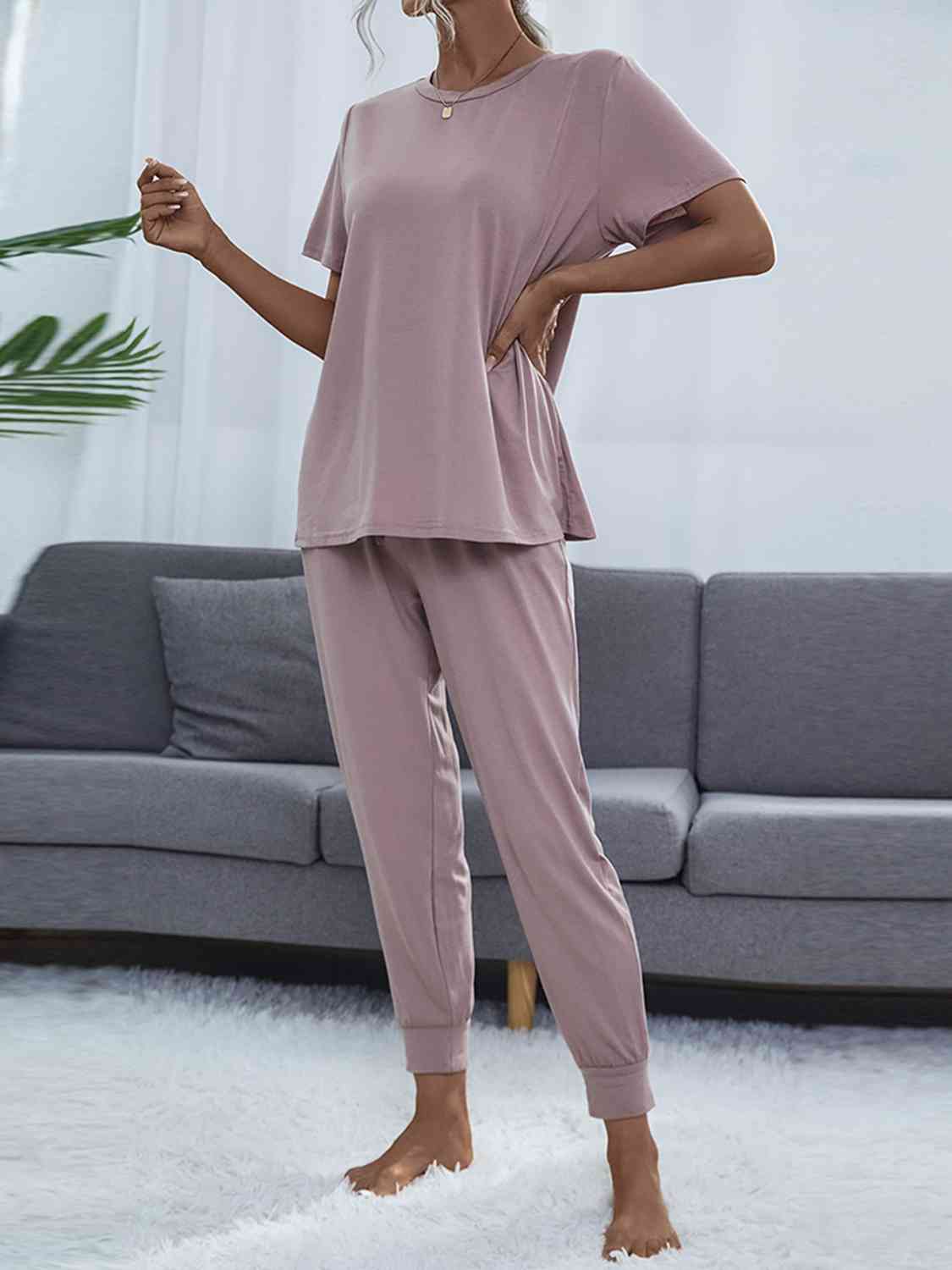 Round Neck Short Sleeve Top and Pants Set - Loungewear Set - Blush Pink - Bella Bourget