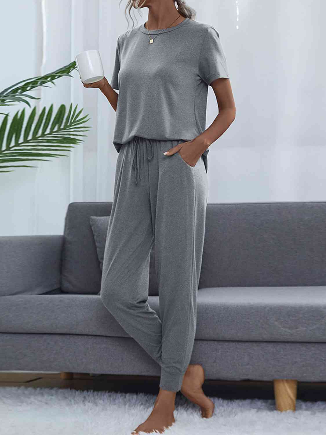 Round Neck Short Sleeve Top and Pants Set - Loungewear Set - Cloudy Blue - Bella Bourget