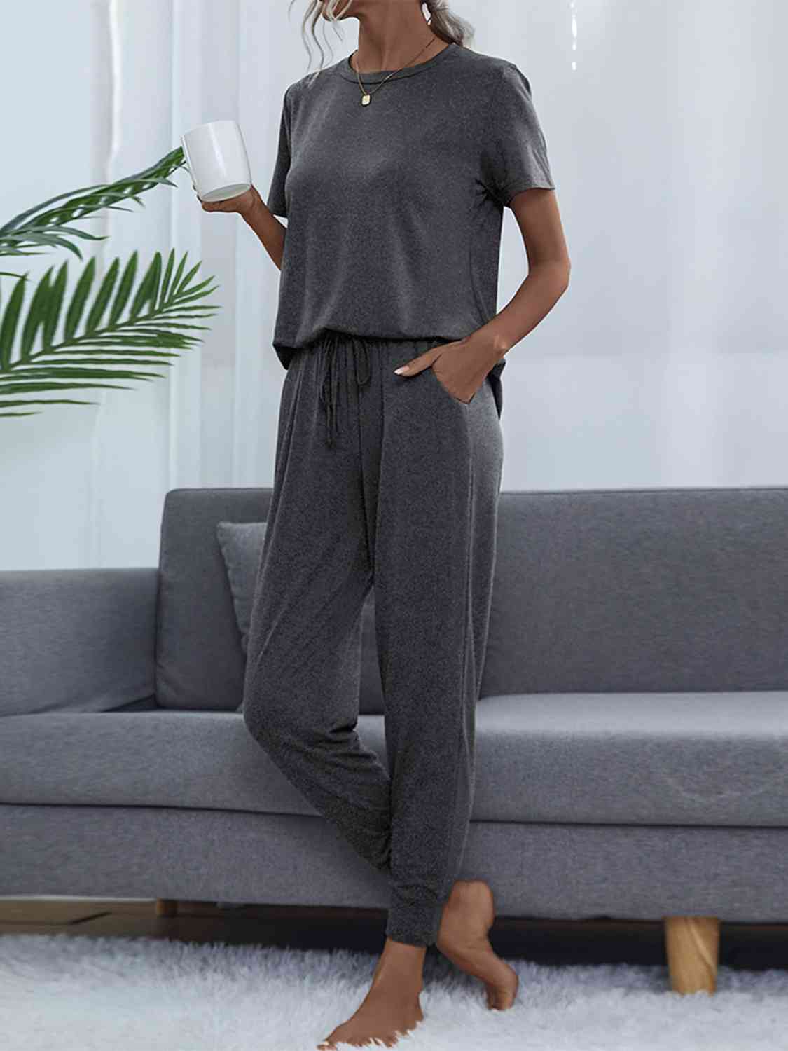 Round Neck Short Sleeve Top and Pants Set - Loungewear Set - Charcoal - Bella Bourget