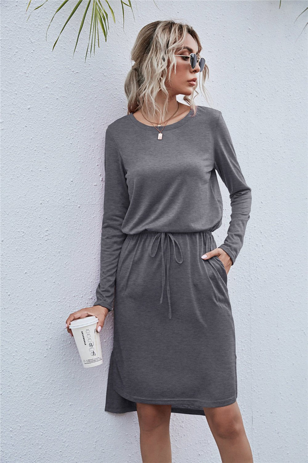 Round Neck Side Slit Dress - Dress - Dark Gray - Bella Bourget