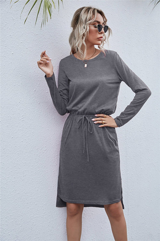 Round Neck Side Slit Dress - Dress - Dark Gray - Bella Bourget