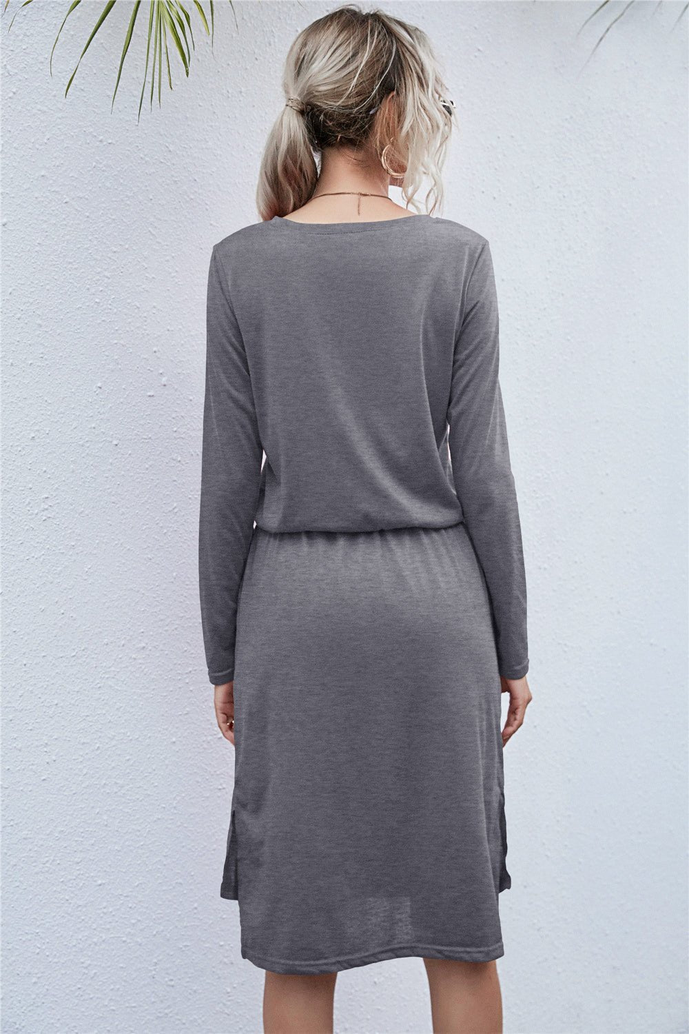 Round Neck Side Slit Dress - Dress - Dark Gray - Bella Bourget