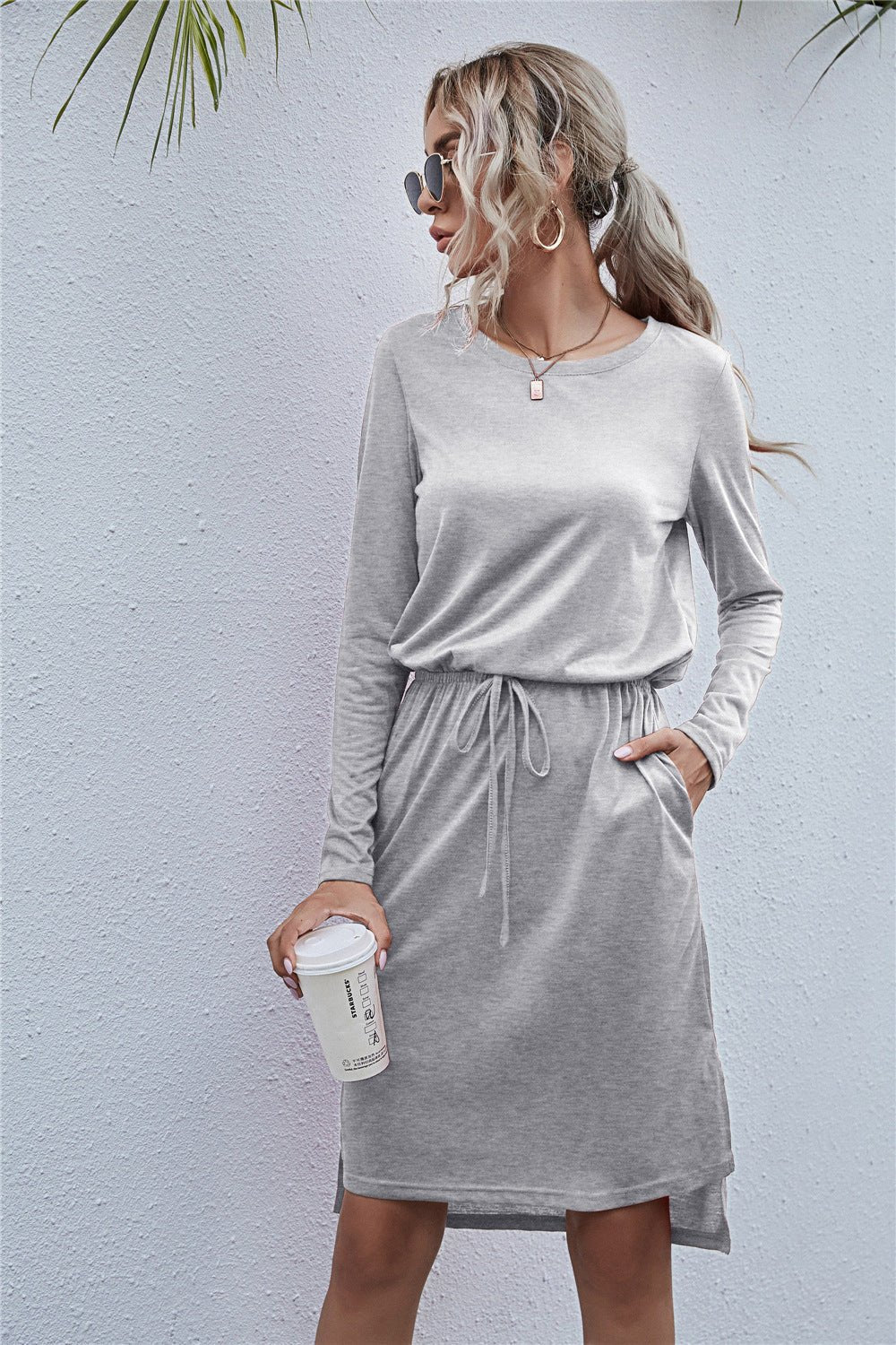 Round Neck Side Slit Dress - Dress - Light Gray - Bella Bourget