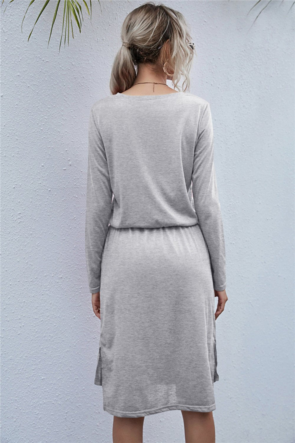 Round Neck Side Slit Dress - Dress - Light Gray - Bella Bourget