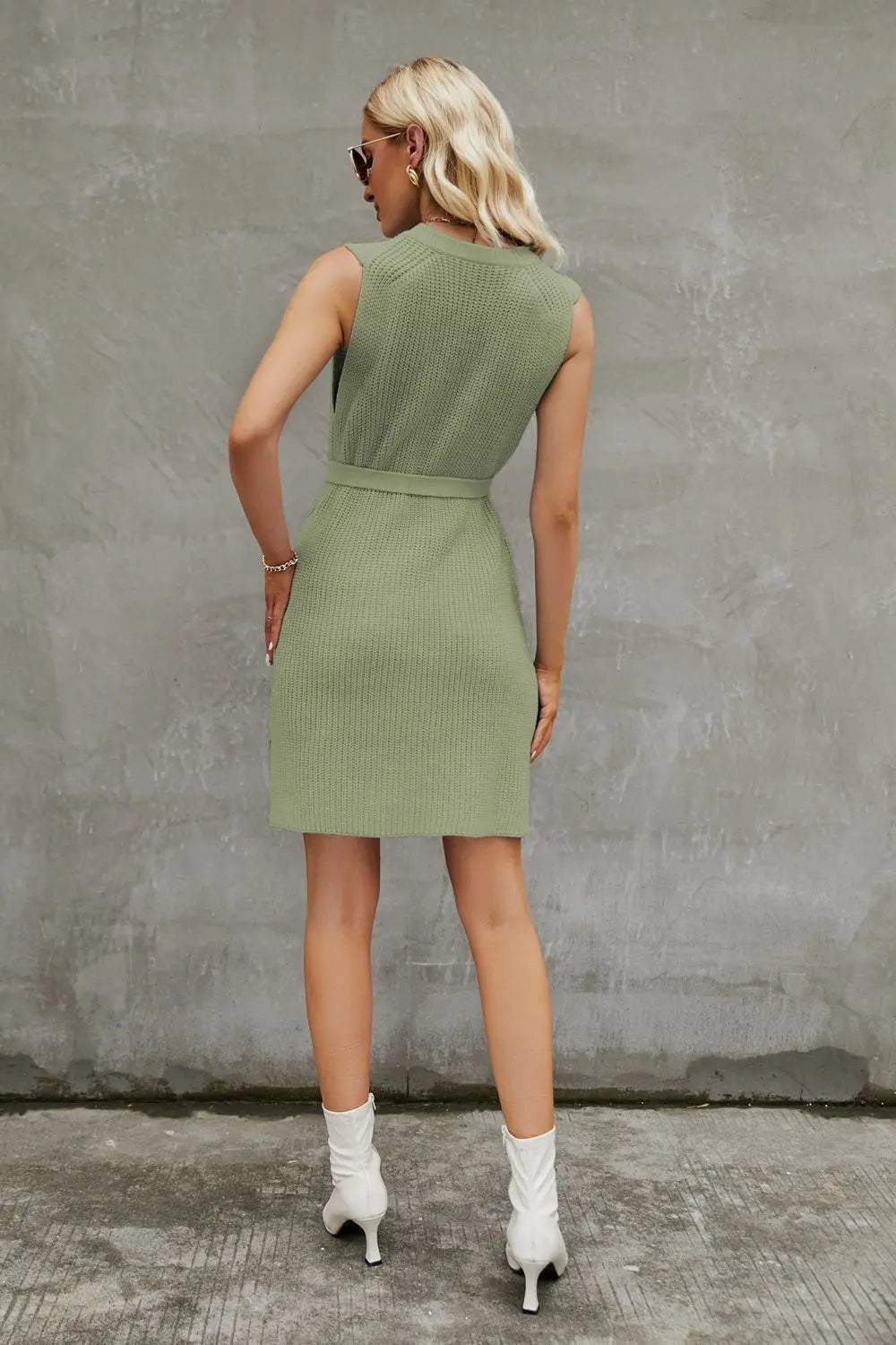 Round Neck Slit Sleeveless Sweater Dress - Dress - Sage - Bella Bourget