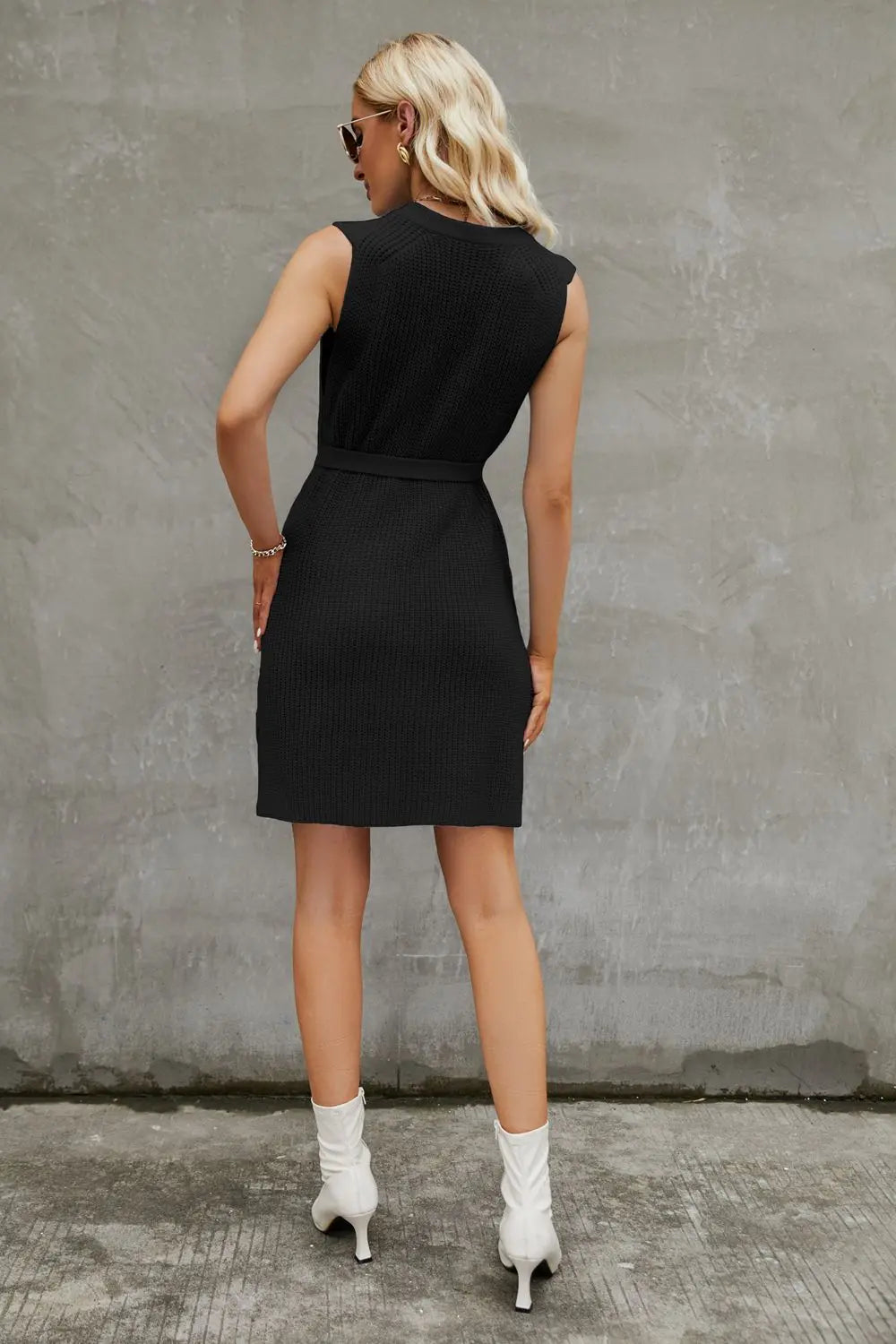 Round Neck Slit Sleeveless Sweater Dress - Dress - Black - Bella Bourget