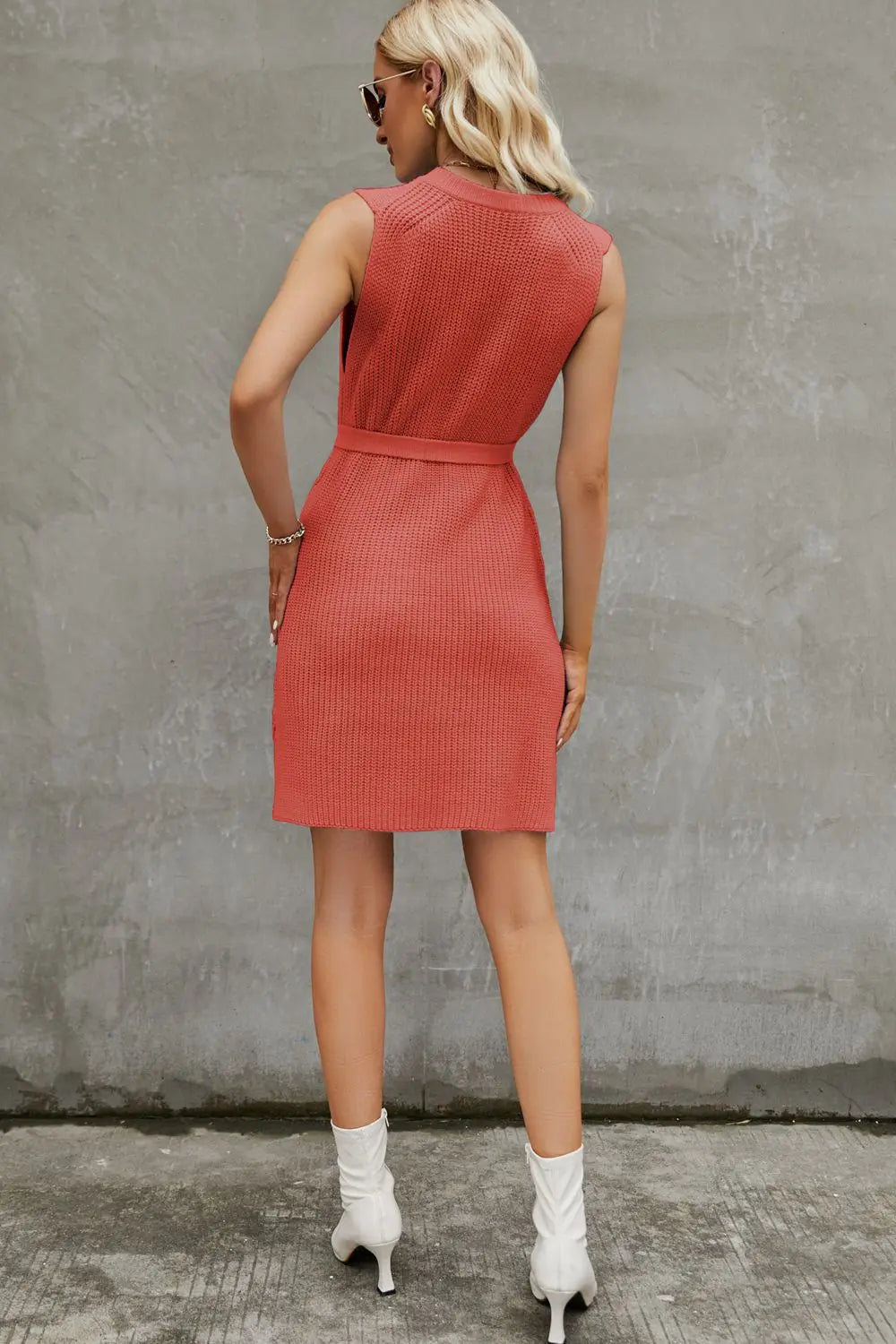 Round Neck Slit Sleeveless Sweater Dress - Dress - Red Orange - Bella Bourget