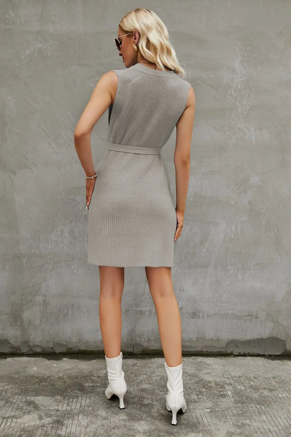 Round Neck Slit Sleeveless Sweater Dress - Dress - Light Gray - Bella Bourget