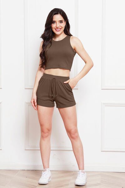 Round Neck Tank and Drawstring Shorts Set - Loungewear Set - Taupe - Bella Bourget