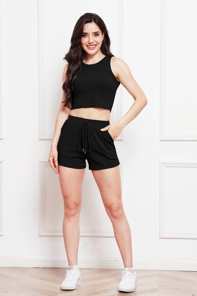 Round Neck Tank and Drawstring Shorts Set - Loungewear Set - Black - Bella Bourget