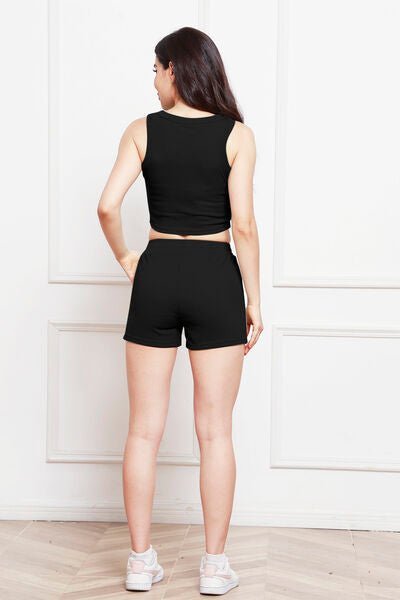 Round Neck Tank and Drawstring Shorts Set - Loungewear Set - Black - Bella Bourget