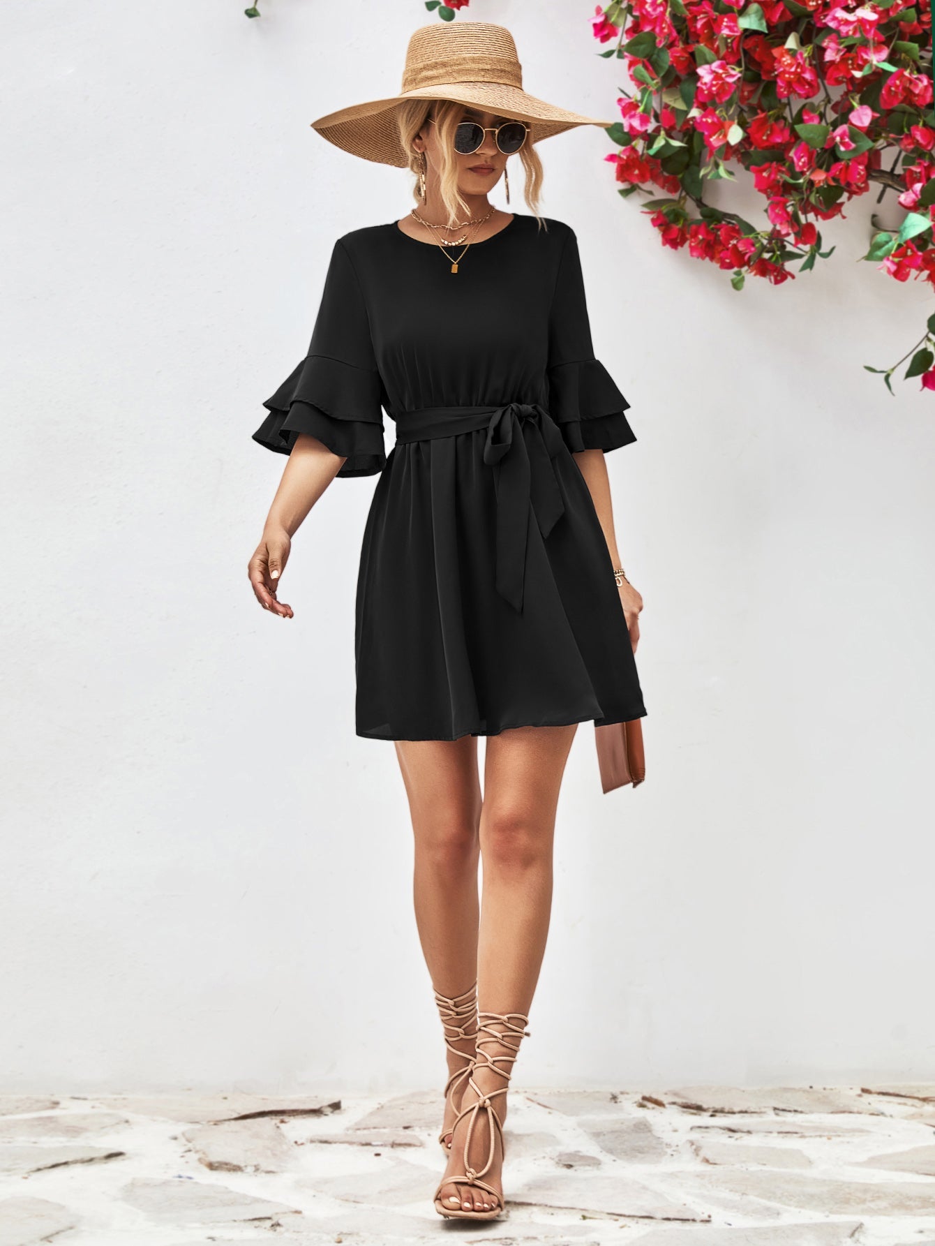 Round Neck Tie Belt Flounce Sleeve Dress - Dress - Black - Bella Bourget