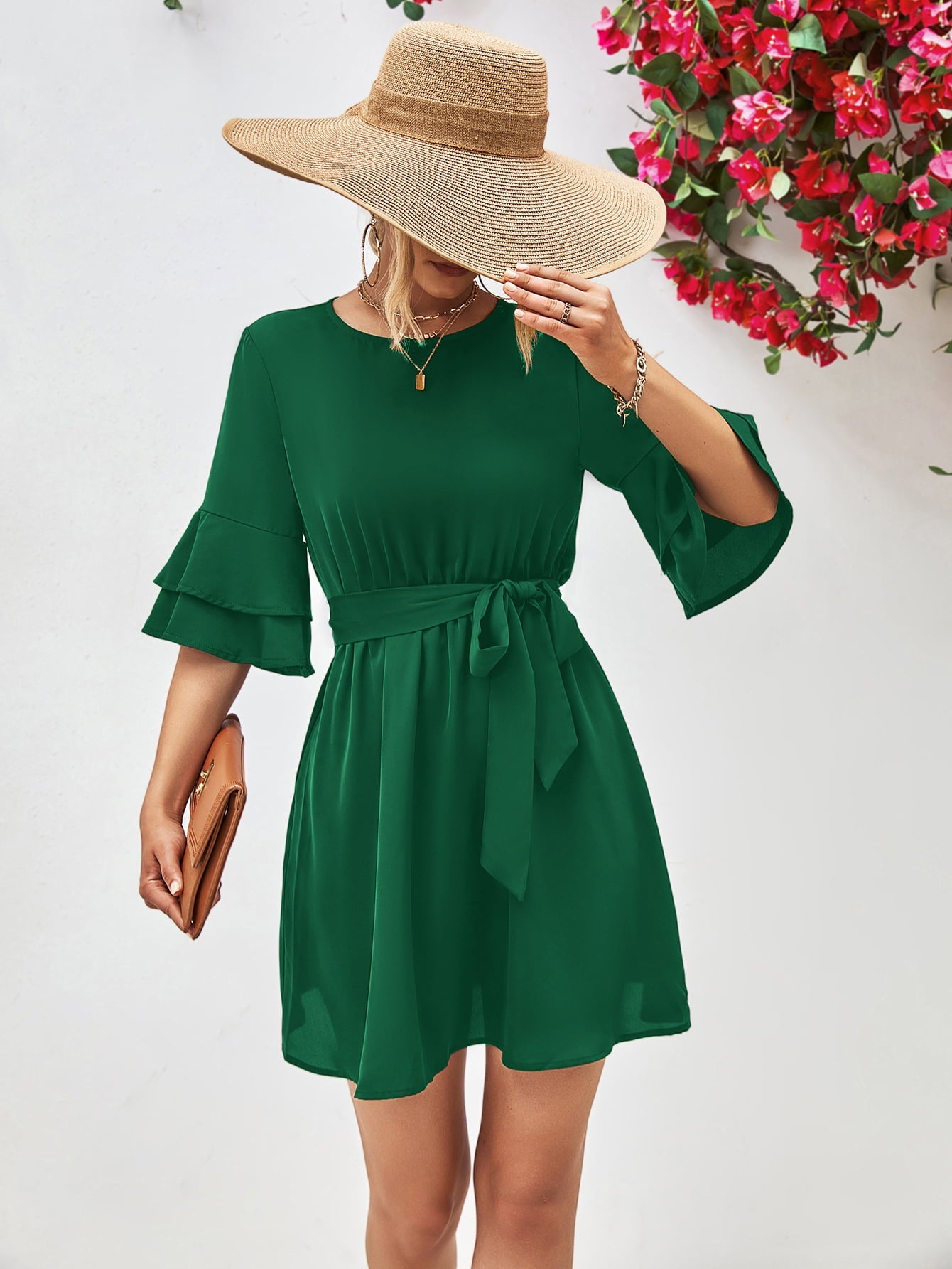 Round Neck Tie Belt Flounce Sleeve Dress - Dress - Forest - Bella Bourget