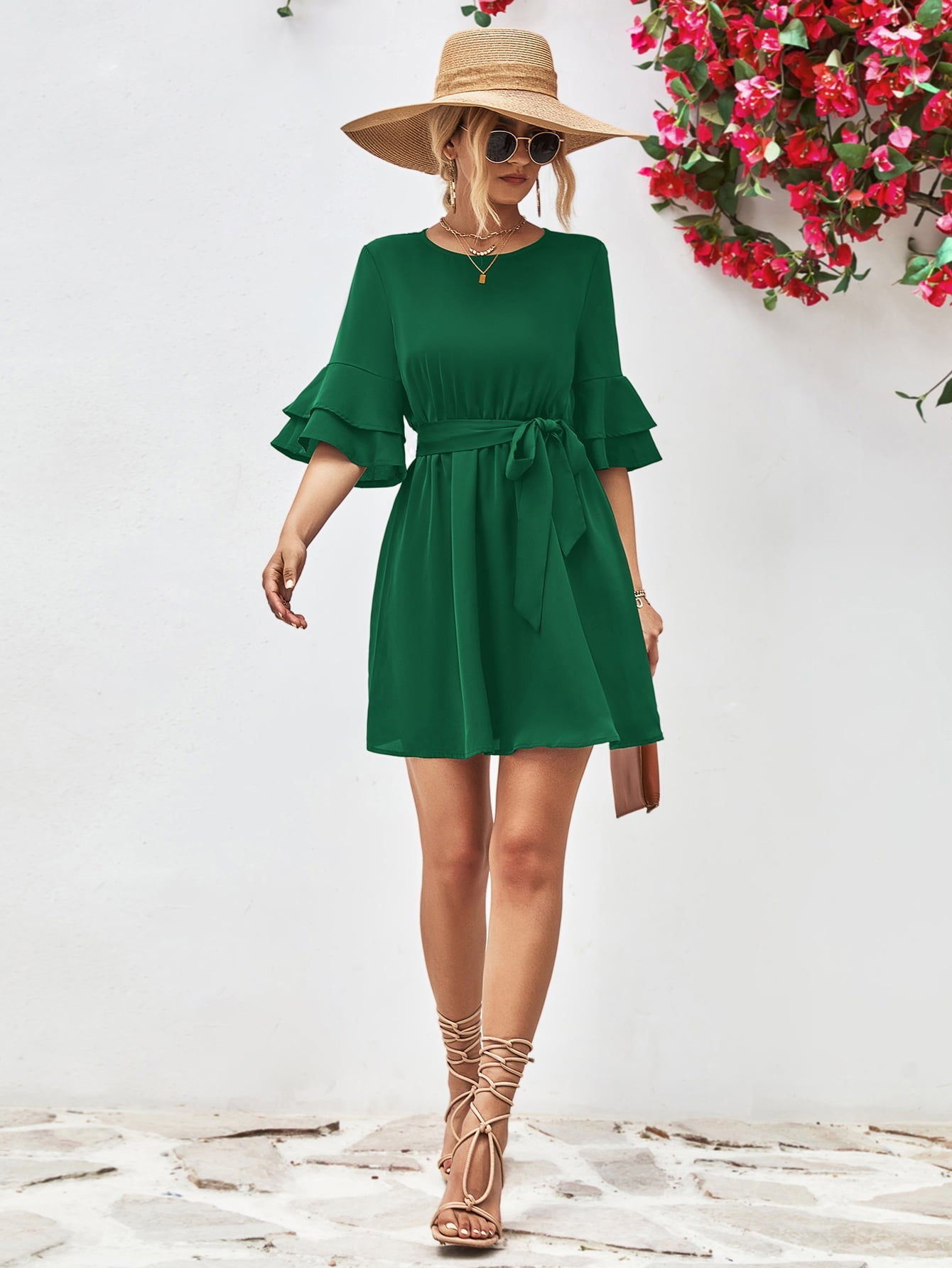 Round Neck Tie Belt Flounce Sleeve Dress - Dress - Forest - Bella Bourget