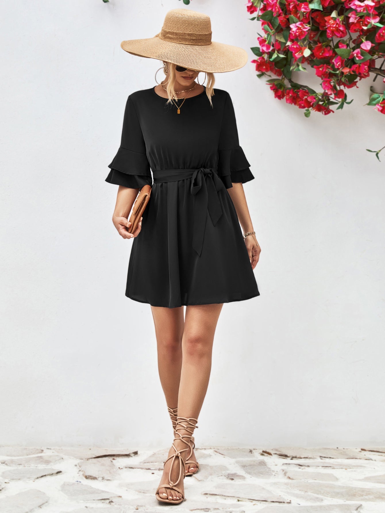 Round Neck Tie Belt Flounce Sleeve Dress - Dress - Black - Bella Bourget