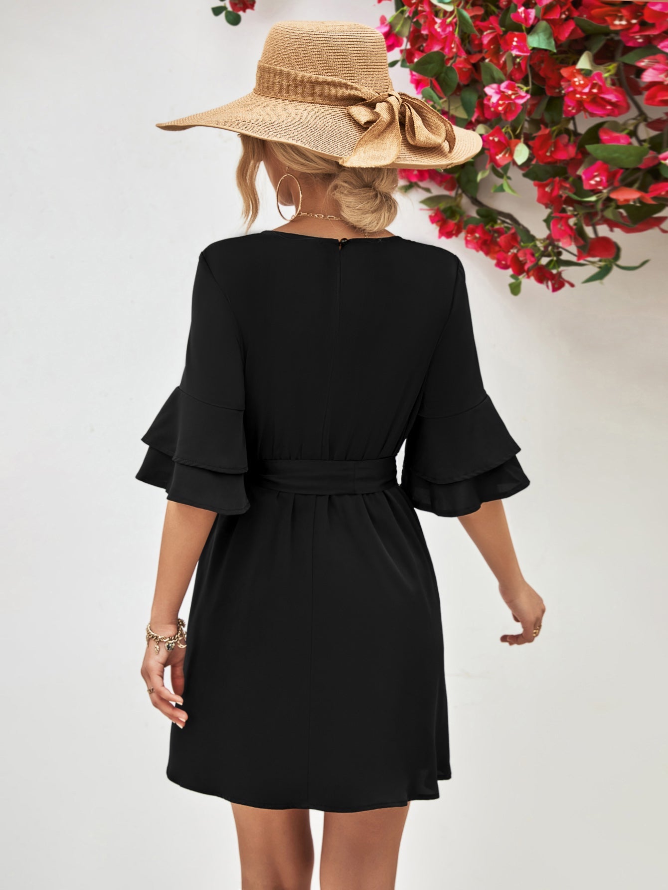 Round Neck Tie Belt Flounce Sleeve Dress - Dress - Black - Bella Bourget