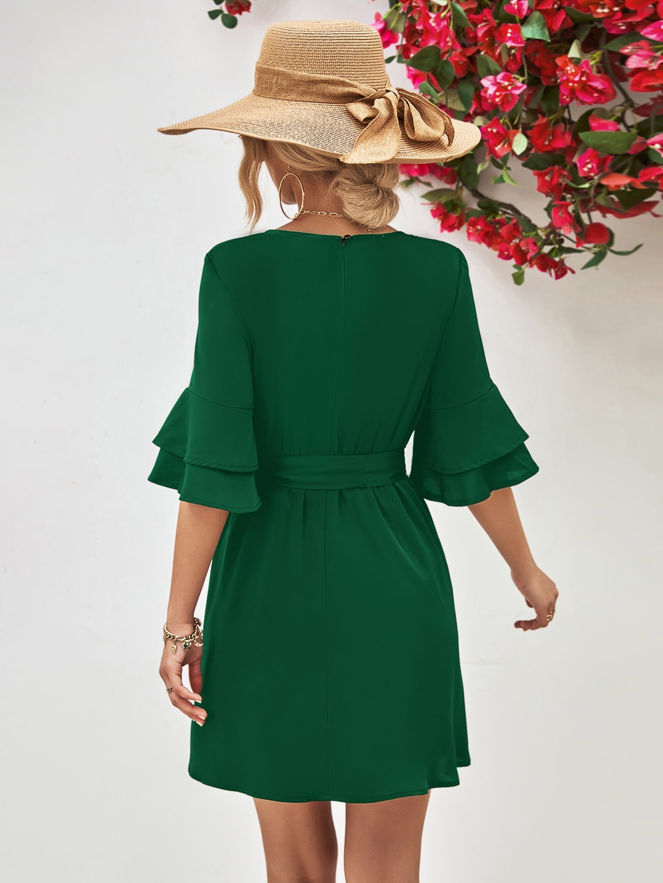 Round Neck Tie Belt Flounce Sleeve Dress - Dress - Forest - Bella Bourget