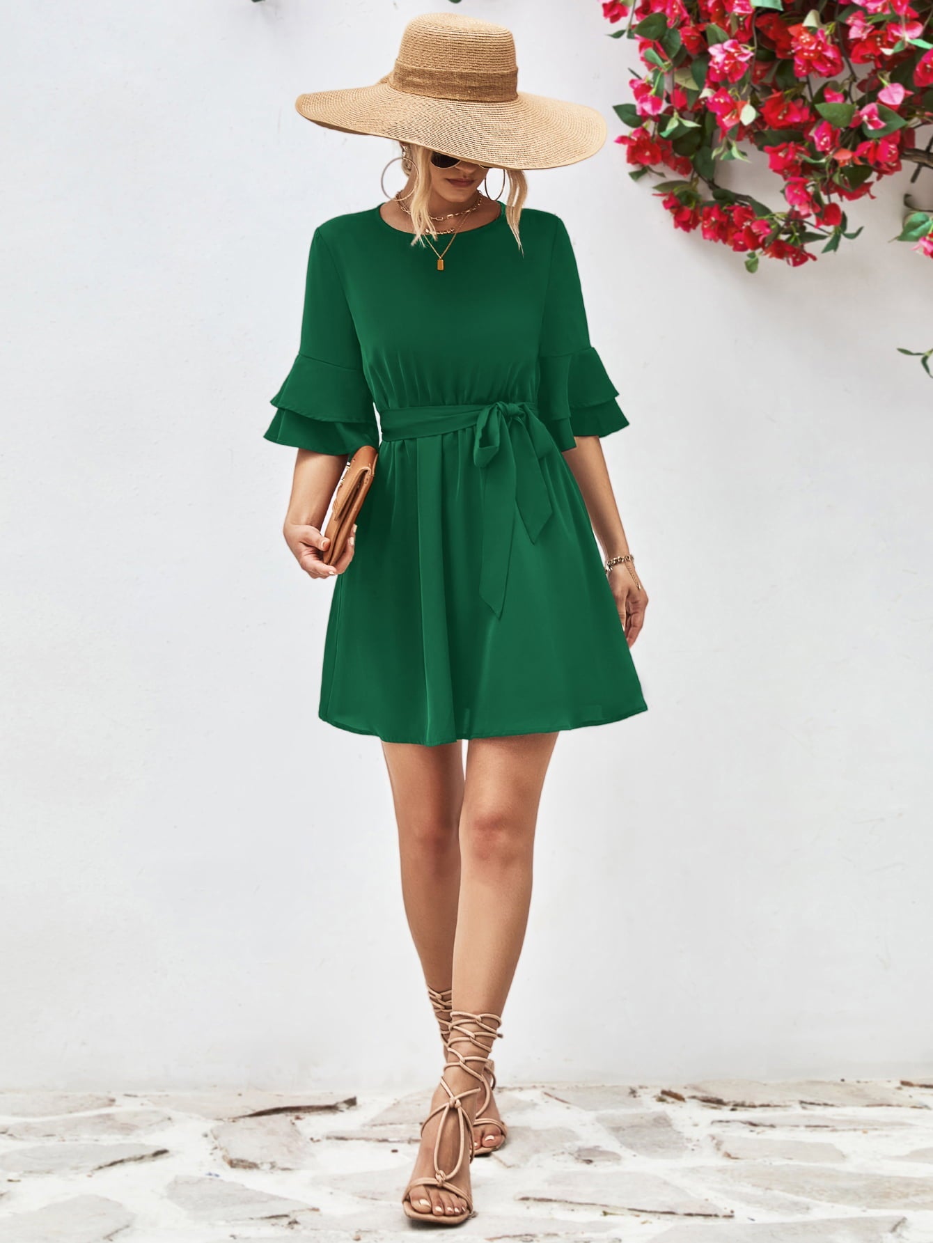 Round Neck Tie Belt Flounce Sleeve Dress - Dress - Forest - Bella Bourget