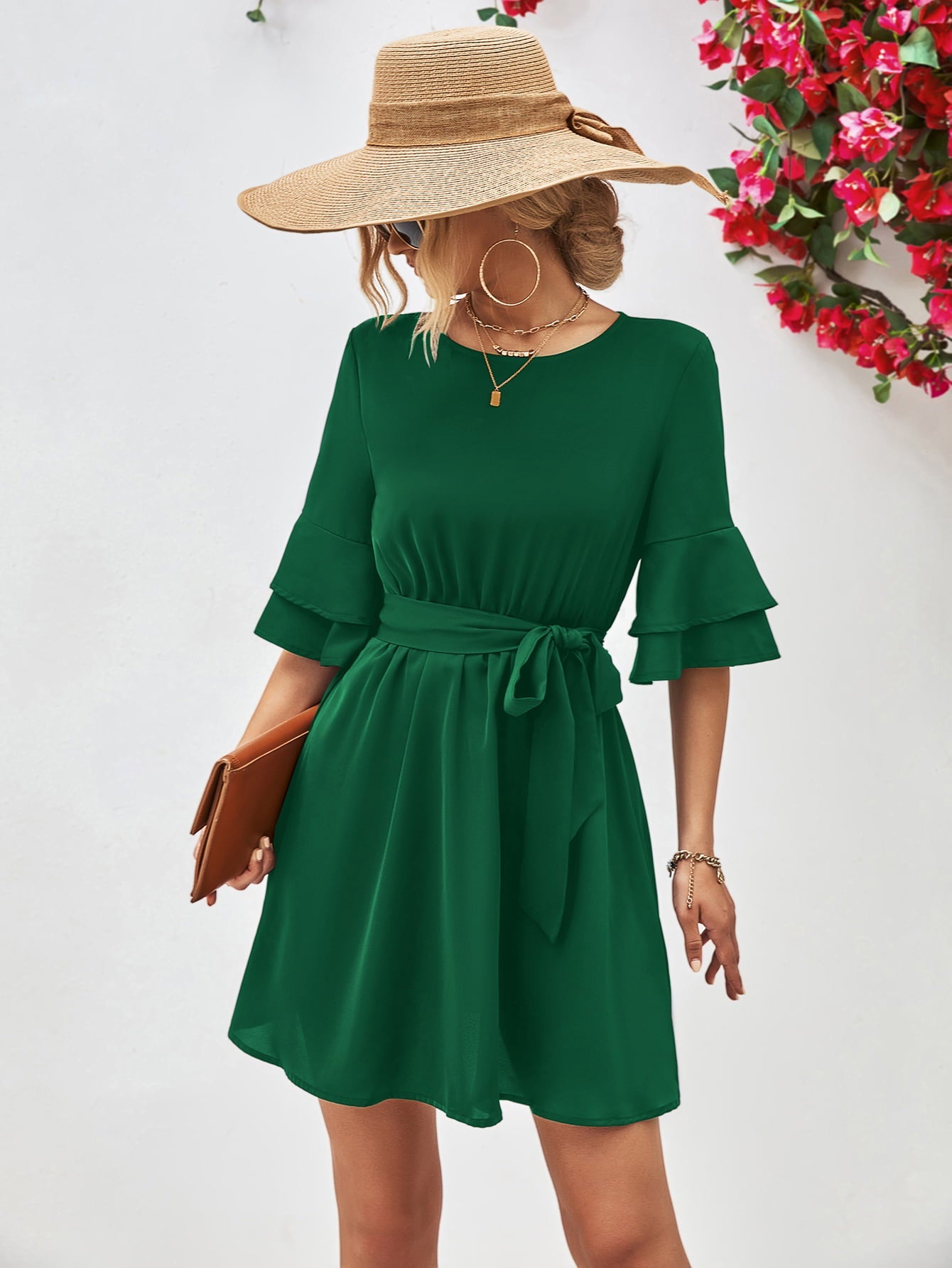 Round Neck Tie Belt Flounce Sleeve Dress - Dress - Forest - Bella Bourget