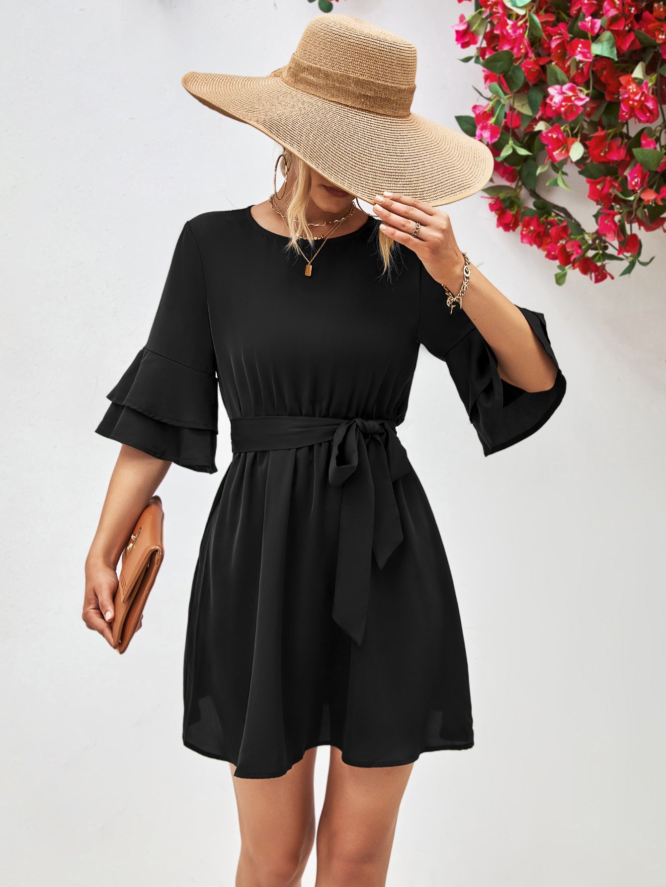 Round Neck Tie Belt Flounce Sleeve Dress - Dress - Black - Bella Bourget