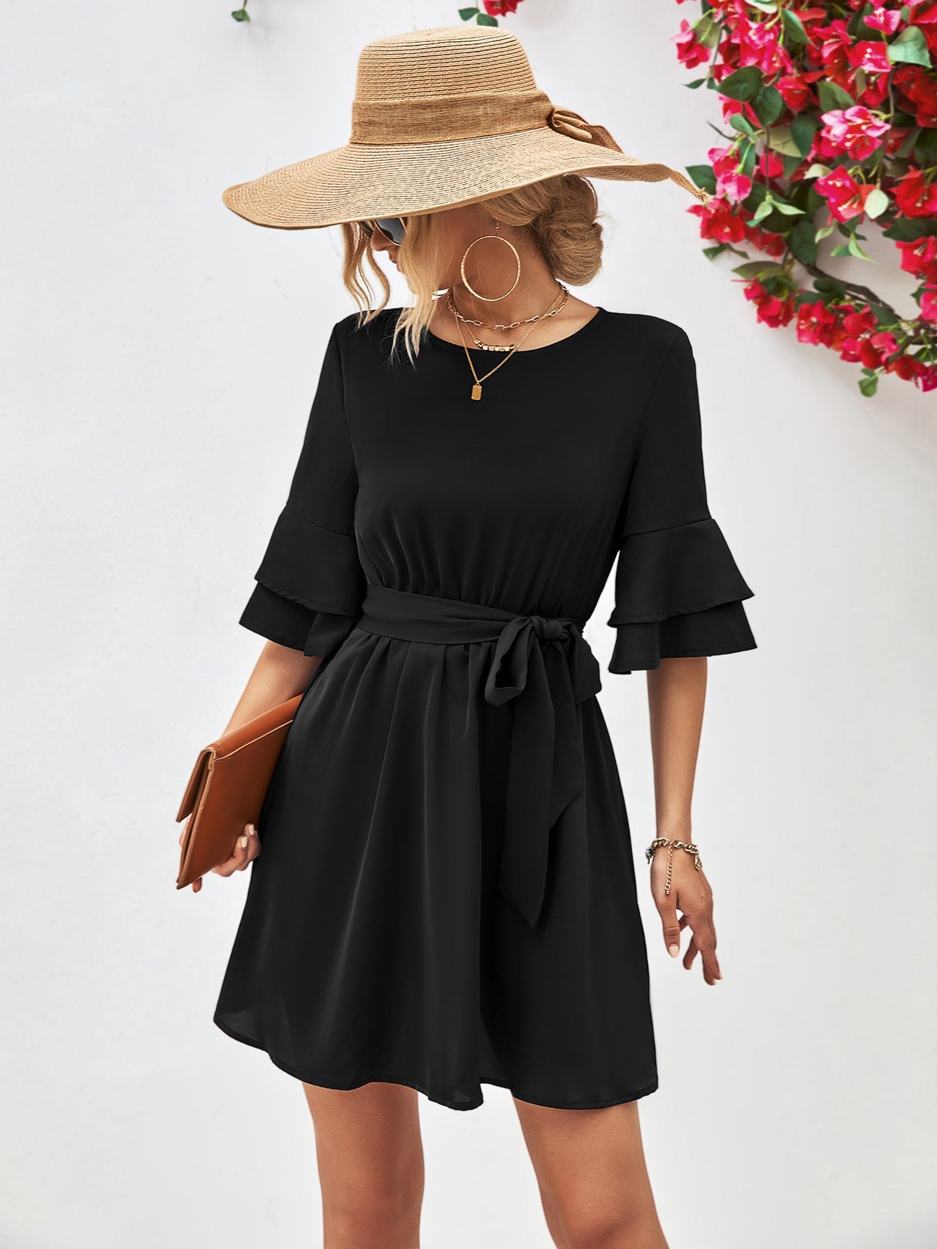 Round Neck Tie Belt Flounce Sleeve Dress - Dress - Black - Bella Bourget