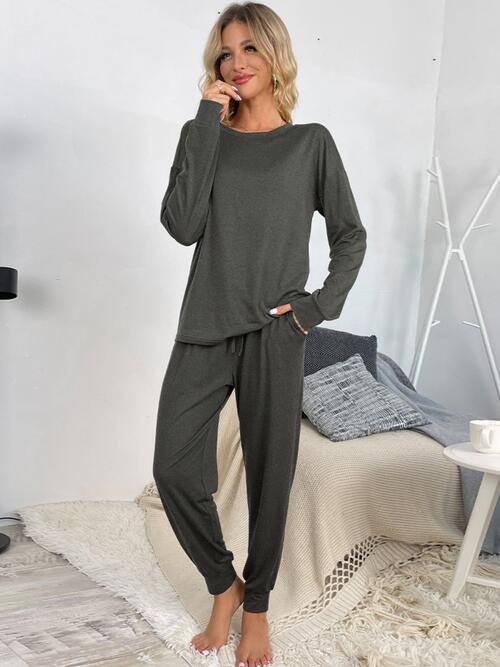 Round Neck Top and Drawstring Pants Lounge Set - Loungewear Set - Charcoal - Bella Bourget