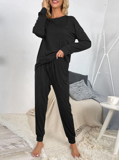 Round Neck Top and Drawstring Pants Lounge Set - Loungewear Set - Black - Bella Bourget