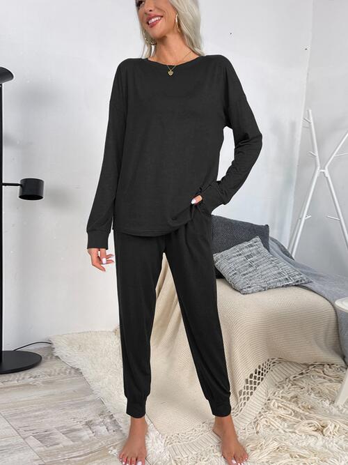 Round Neck Top and Drawstring Pants Lounge Set - Loungewear Set - Black - Bella Bourget