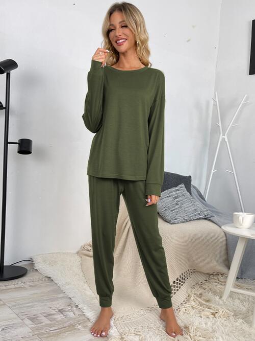 Round Neck Top and Drawstring Pants Lounge Set - Loungewear Set - Army Green - Bella Bourget