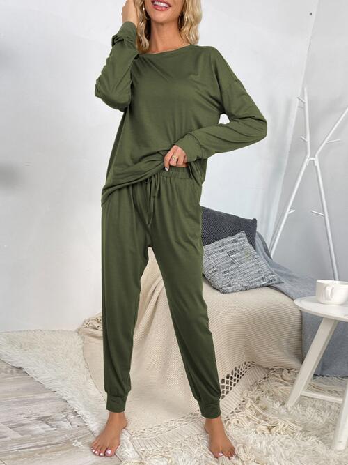 Round Neck Top and Drawstring Pants Lounge Set - Loungewear Set - Army Green - Bella Bourget