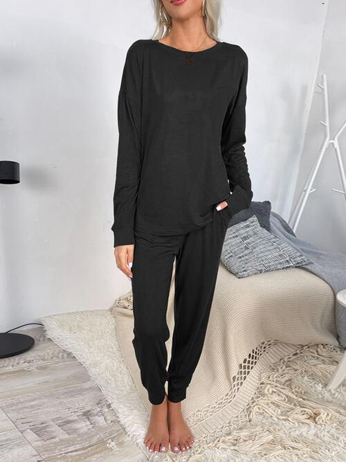 Round Neck Top and Drawstring Pants Lounge Set - Loungewear Set - Black - Bella Bourget