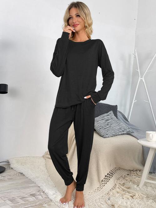 Round Neck Top and Drawstring Pants Lounge Set - Loungewear Set - Black - Bella Bourget