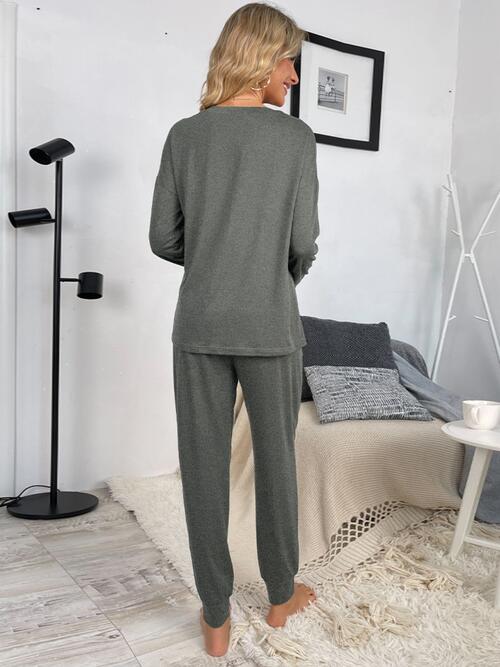 Round Neck Top and Drawstring Pants Lounge Set - Loungewear Set - Heather Gray - Bella Bourget