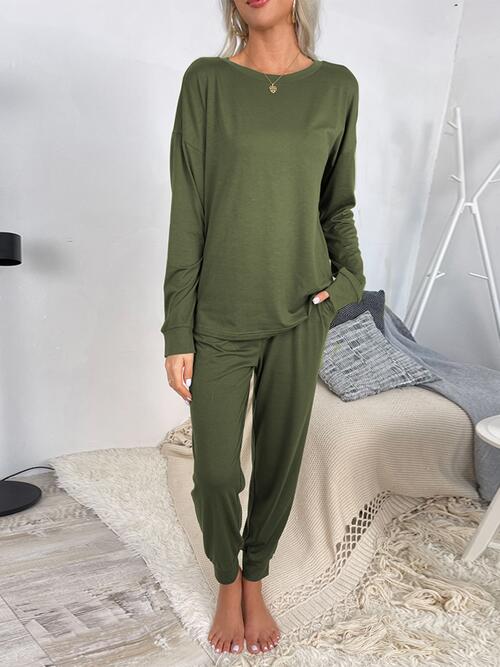 Round Neck Top and Drawstring Pants Lounge Set - Loungewear Set - Army Green - Bella Bourget